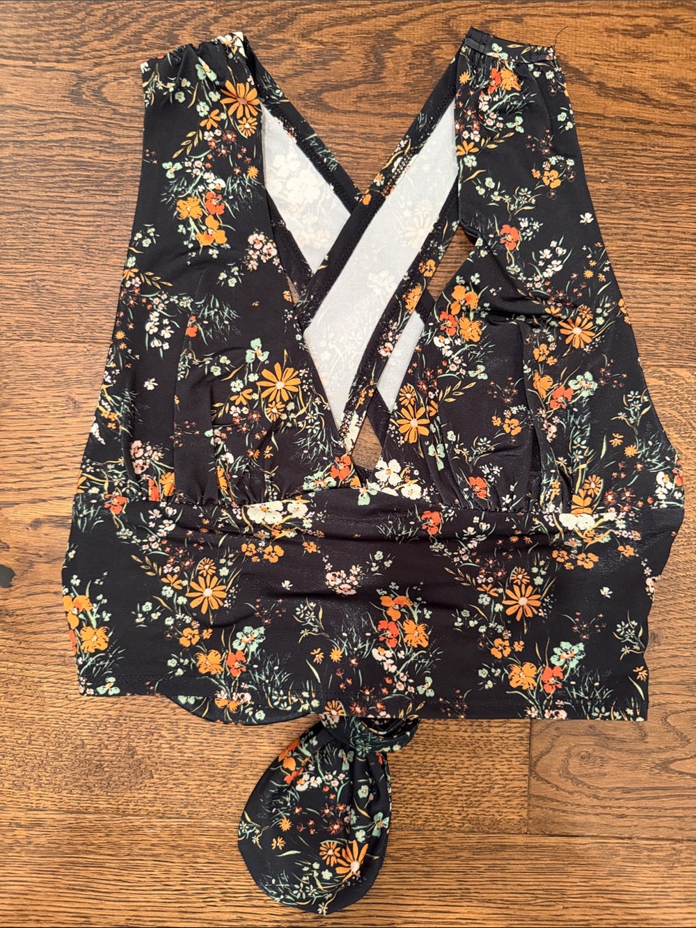 Urban Outfitters Black Floral Wrap Crop Top with Orange & Green Print
